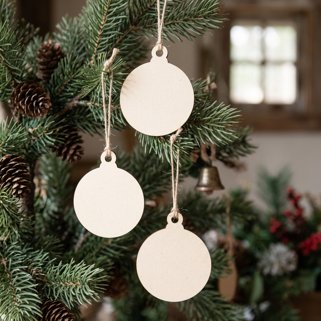 Raw MDF bauble blanks hanging from an evergreen branch