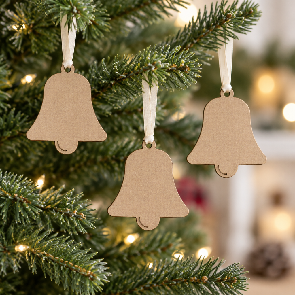 Raw MDF bell tags hanging on a Christmas tree