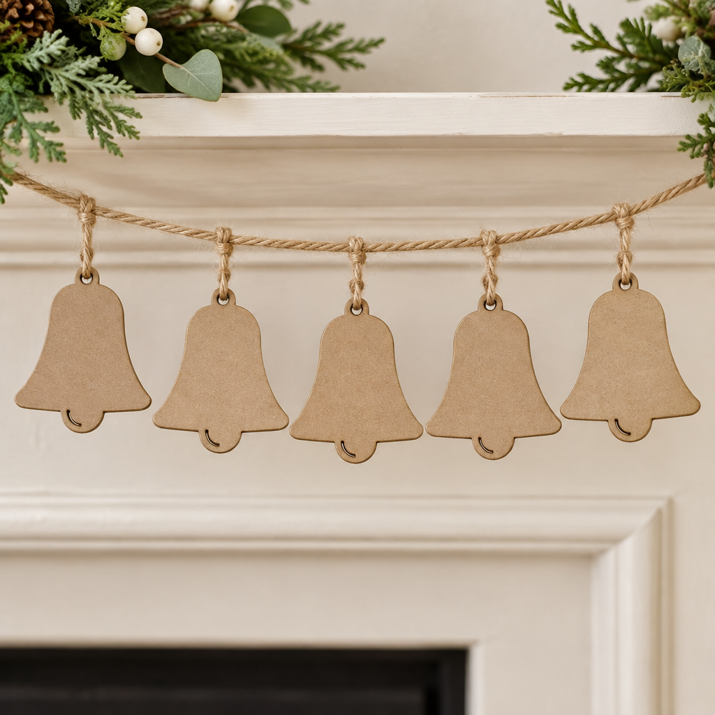 Raw MDF bell tags styled as a rustic Christmas garland