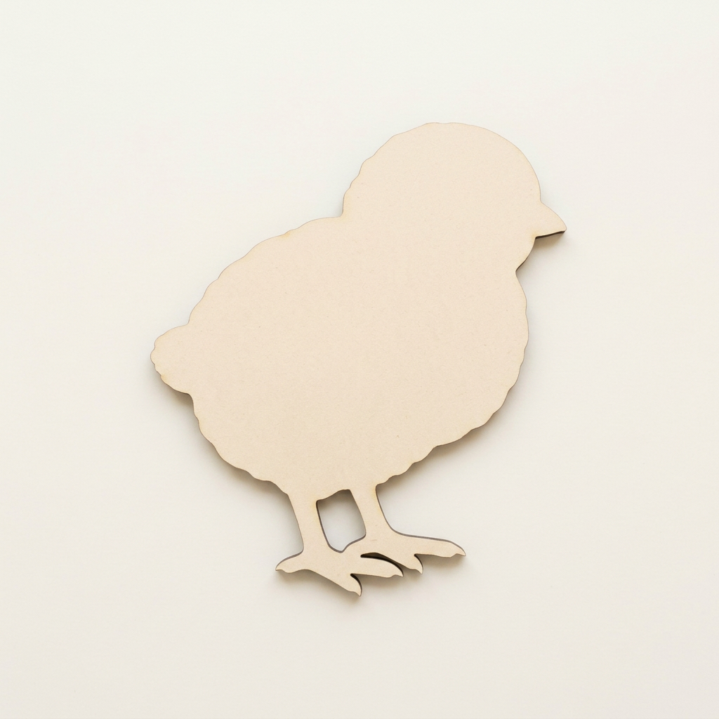 Raw MDF fluffy chick on a plain table