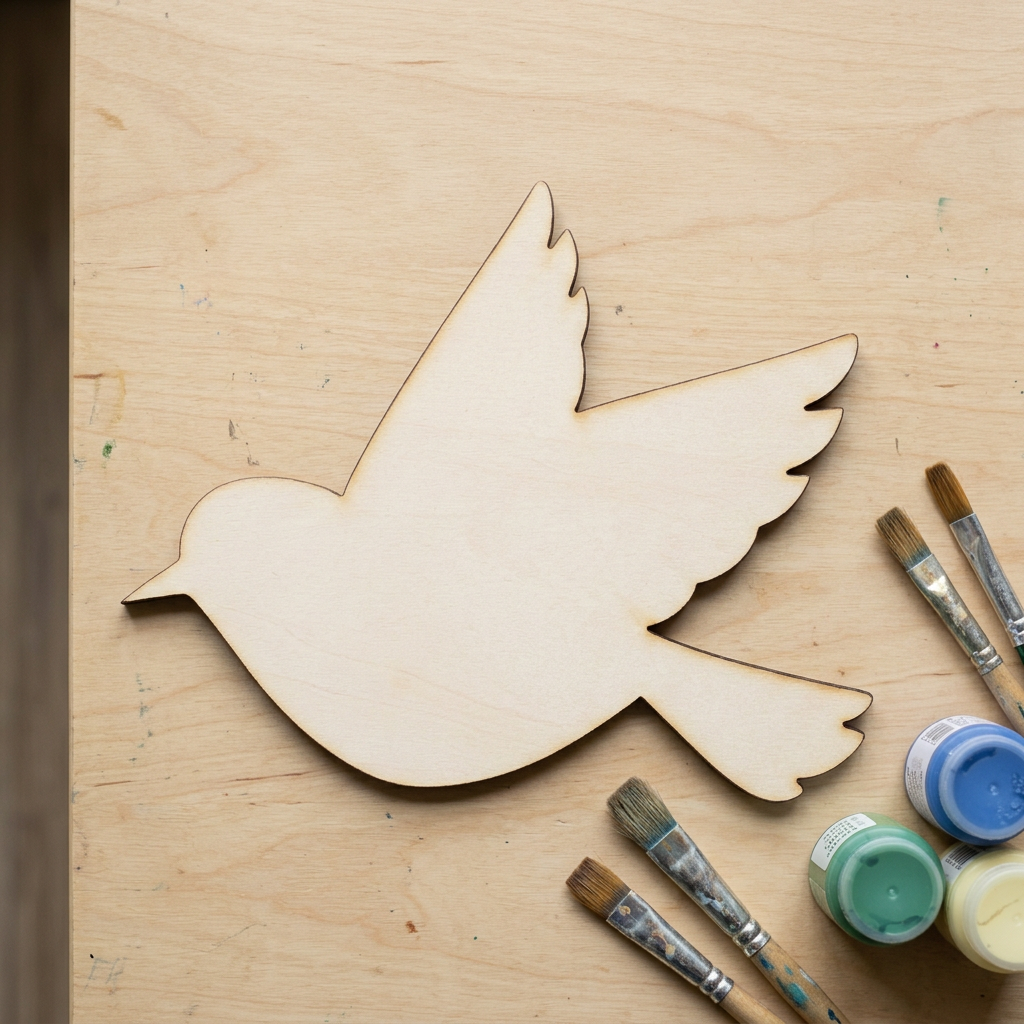 Raw MDF flying bird on a craft table