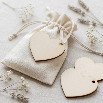 Raw MDF heart tag on a wedding favour bag