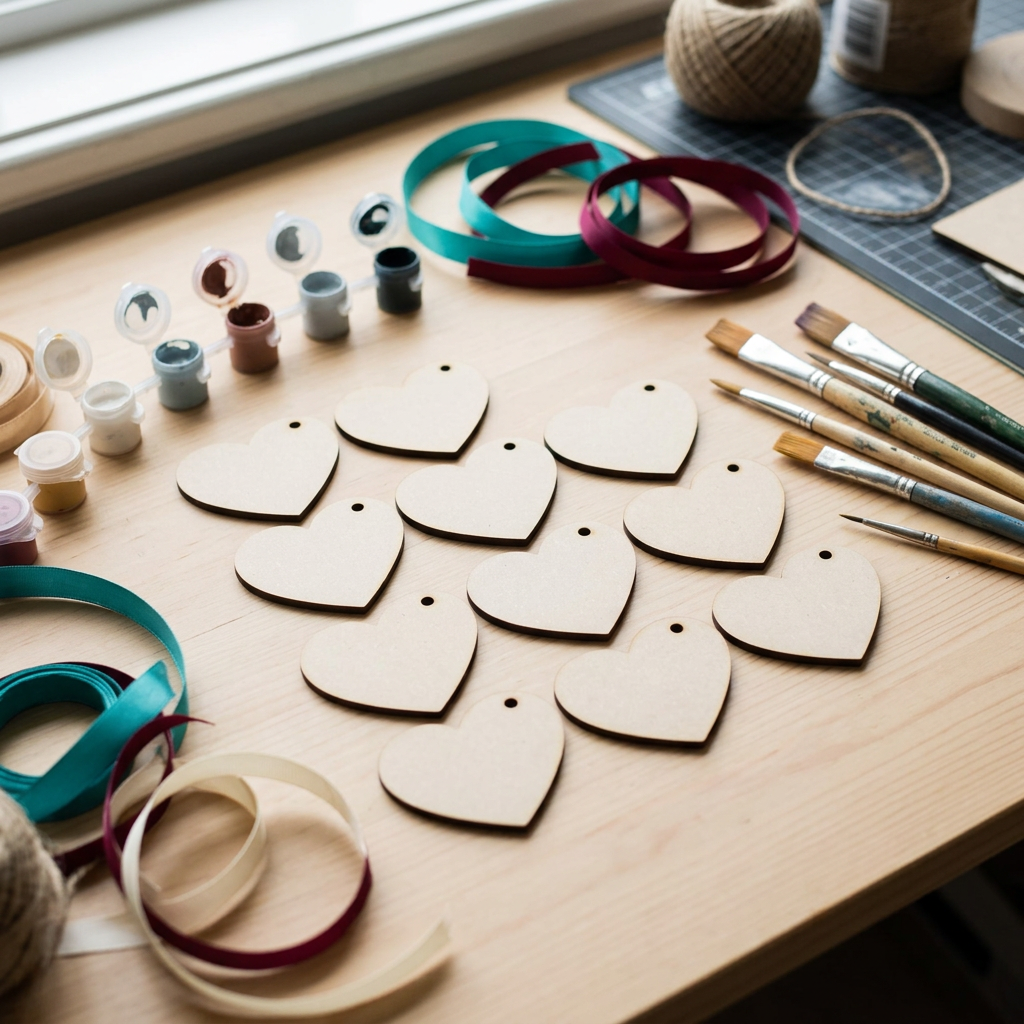 Raw MDF heart tags on a craft table