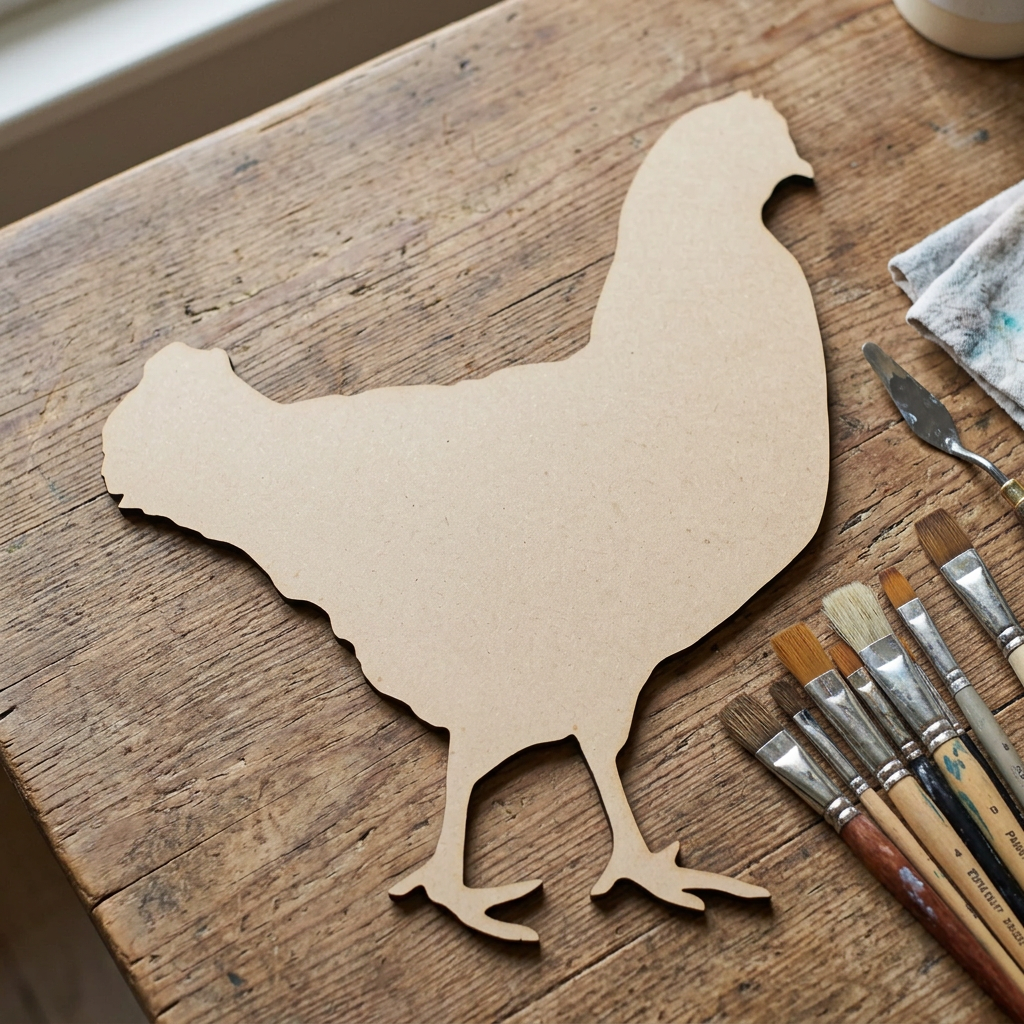 Raw MDF hen on a farmhouse craft table