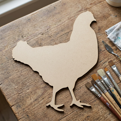 Raw MDF hen on a farmhouse craft table