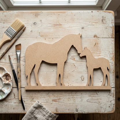 Raw MDF mare and foal on a farmhouse craft table