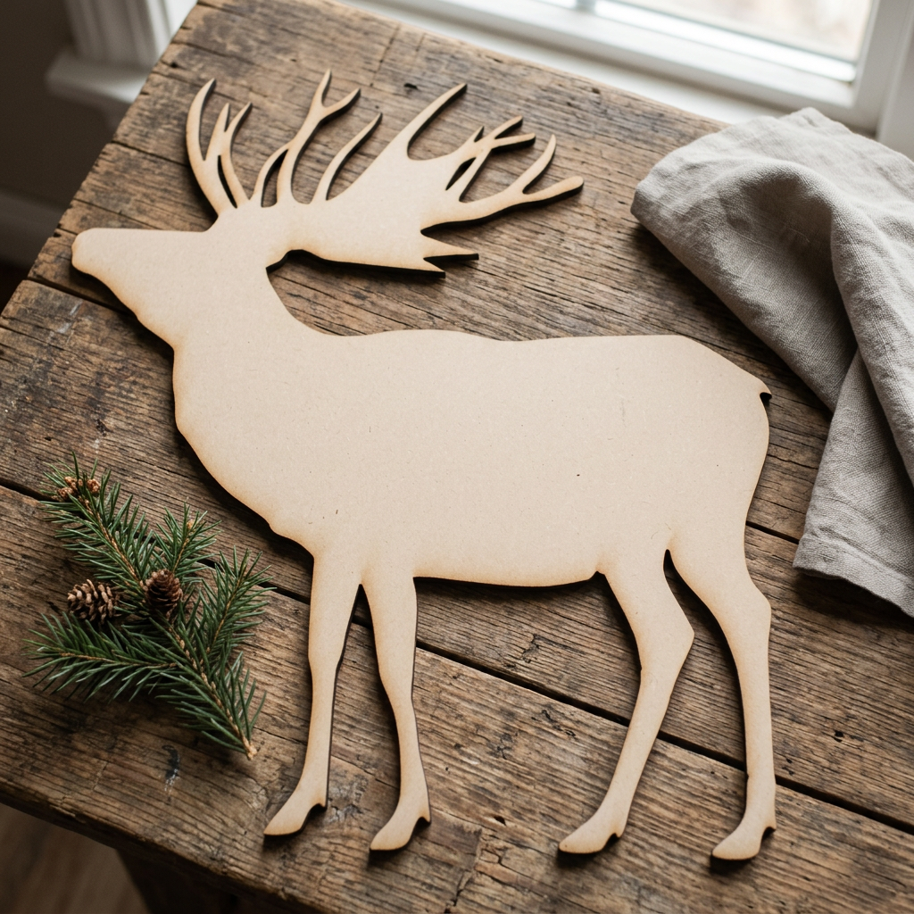 Raw MDF moose in a rustic Christmas craft setting