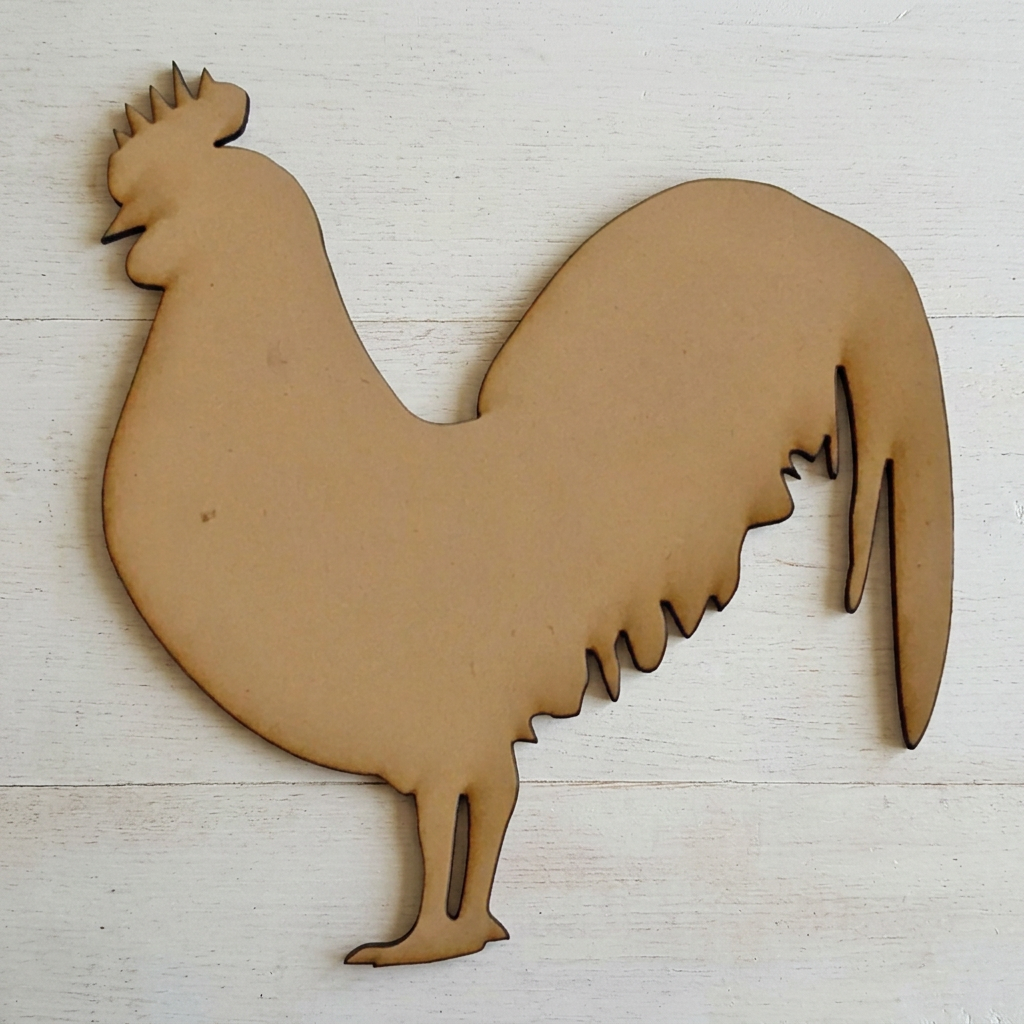 Raw MDF rooster on a simple farmhouse table