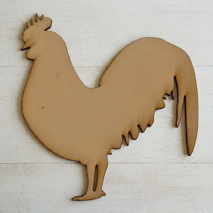 Raw MDF rooster on a simple farmhouse table