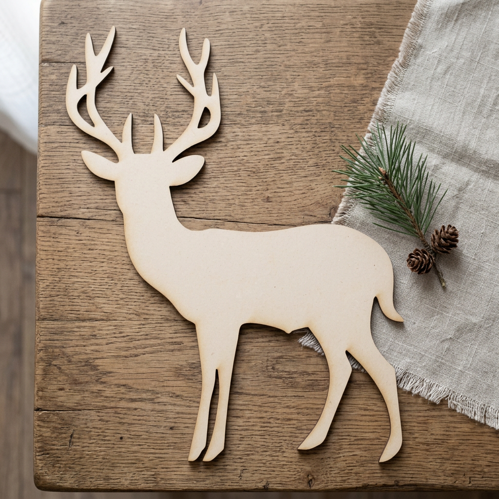 Raw MDF stag in a rustic Christmas craft setting