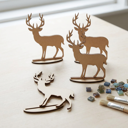 Raw MDF stag set beside mosaic craft supplies