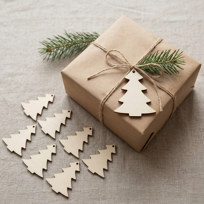Raw MDF tree tag on a wrapped Christmas gift