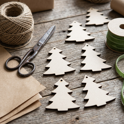 Raw MDF tree tags on a gift-wrapping workbench