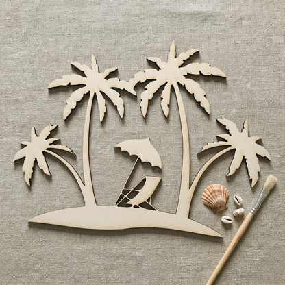 Raw MDF tropical island cutout in a coastal craft setting