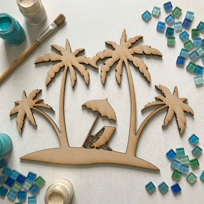 Raw MDF tropical island cutout on a craft table