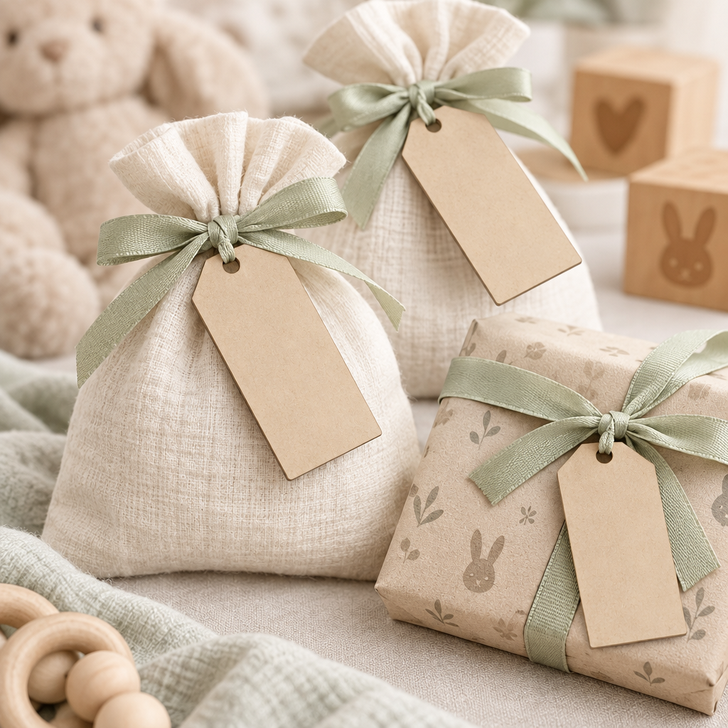 Rectangular MDF tags on baby shower favours