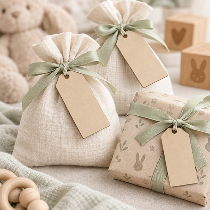 Rectangular MDF tags on baby shower favours
