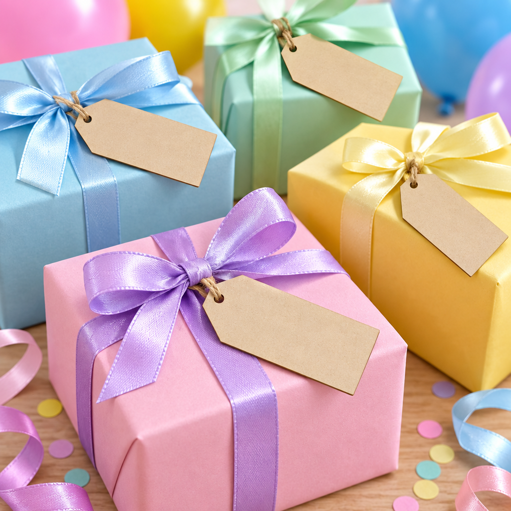Rectangular MDF tags on birthday gifts