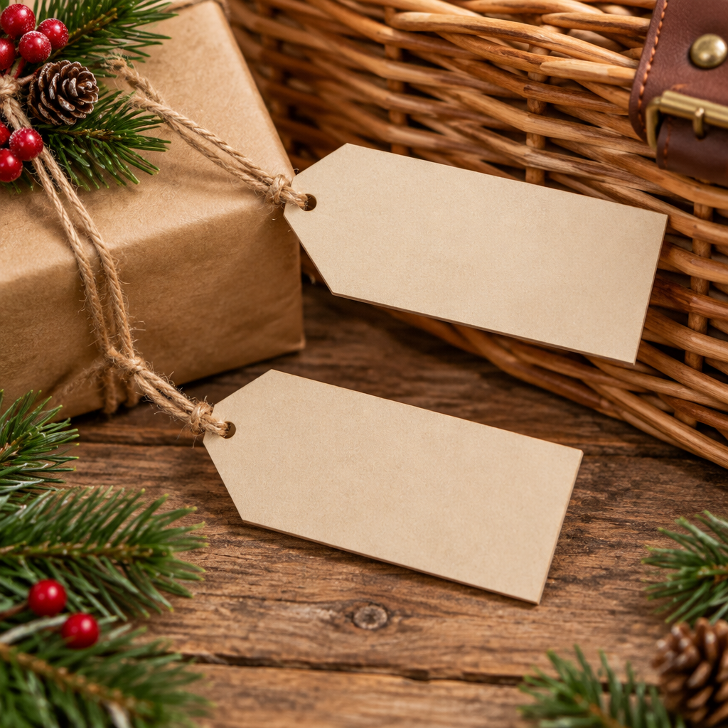Rectangular MDF tags on Christmas gifts and a hamper