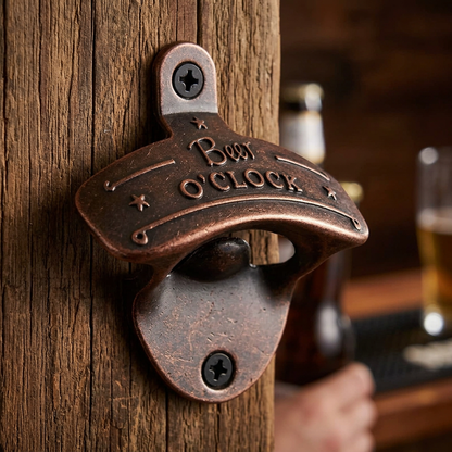Red Copper Beer O’Clock bottle opener in a rustic home bar