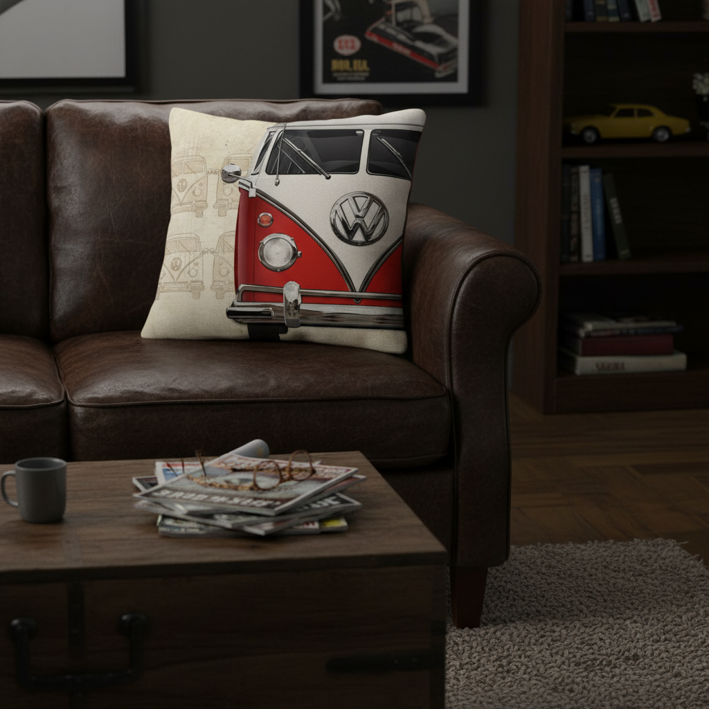 Red Kombi blueprint cushion — man cave lifestyle