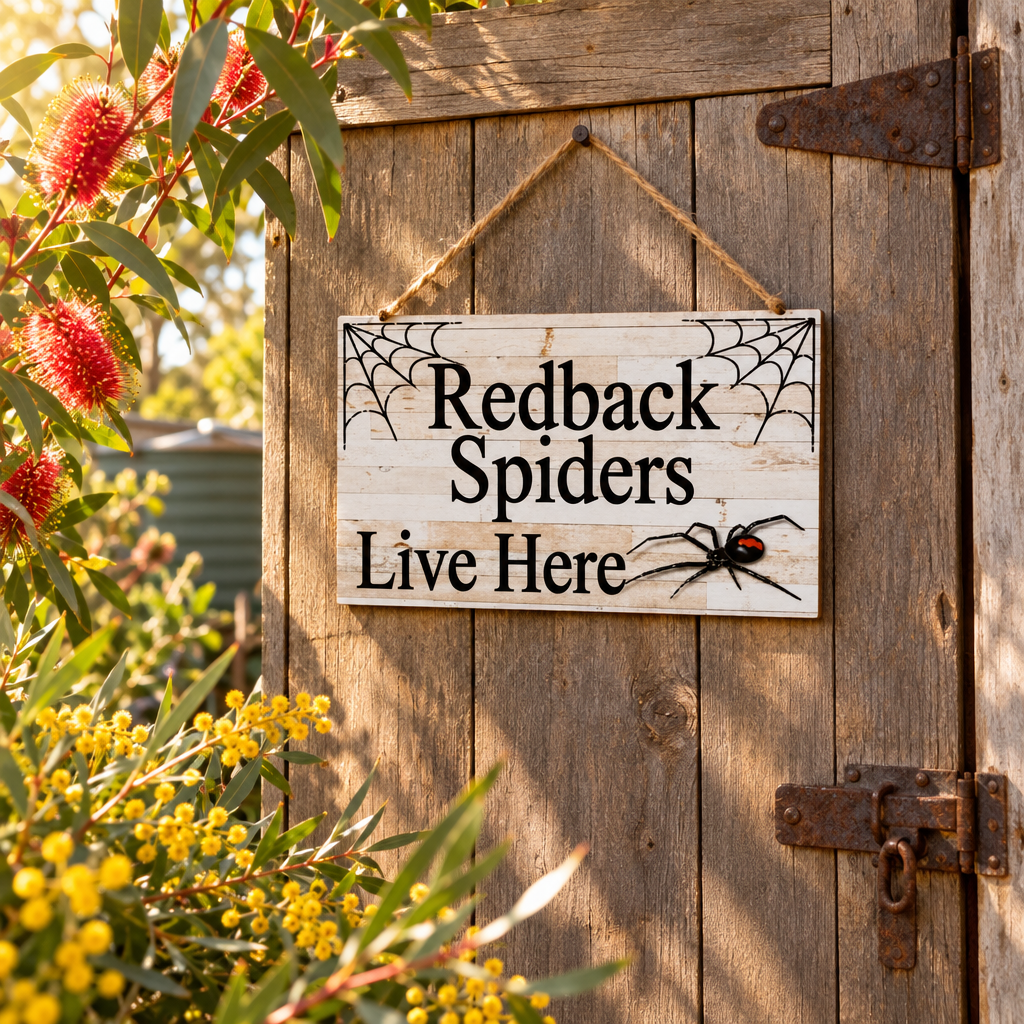 Redback Spider sign hanging on a rustic garden shed door with native plants