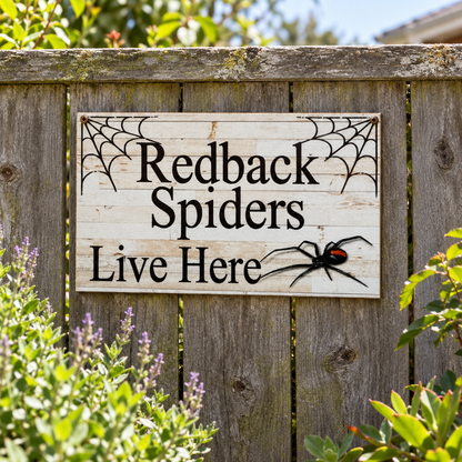 Redback Spider sign mounted on a weathered timber fence in a backyard garden