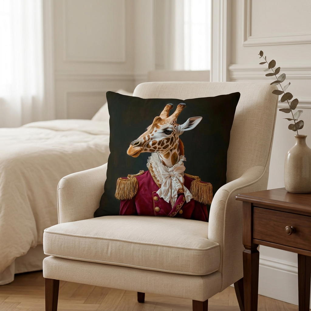 Regal giraffe cushion styled on a cream accent chair