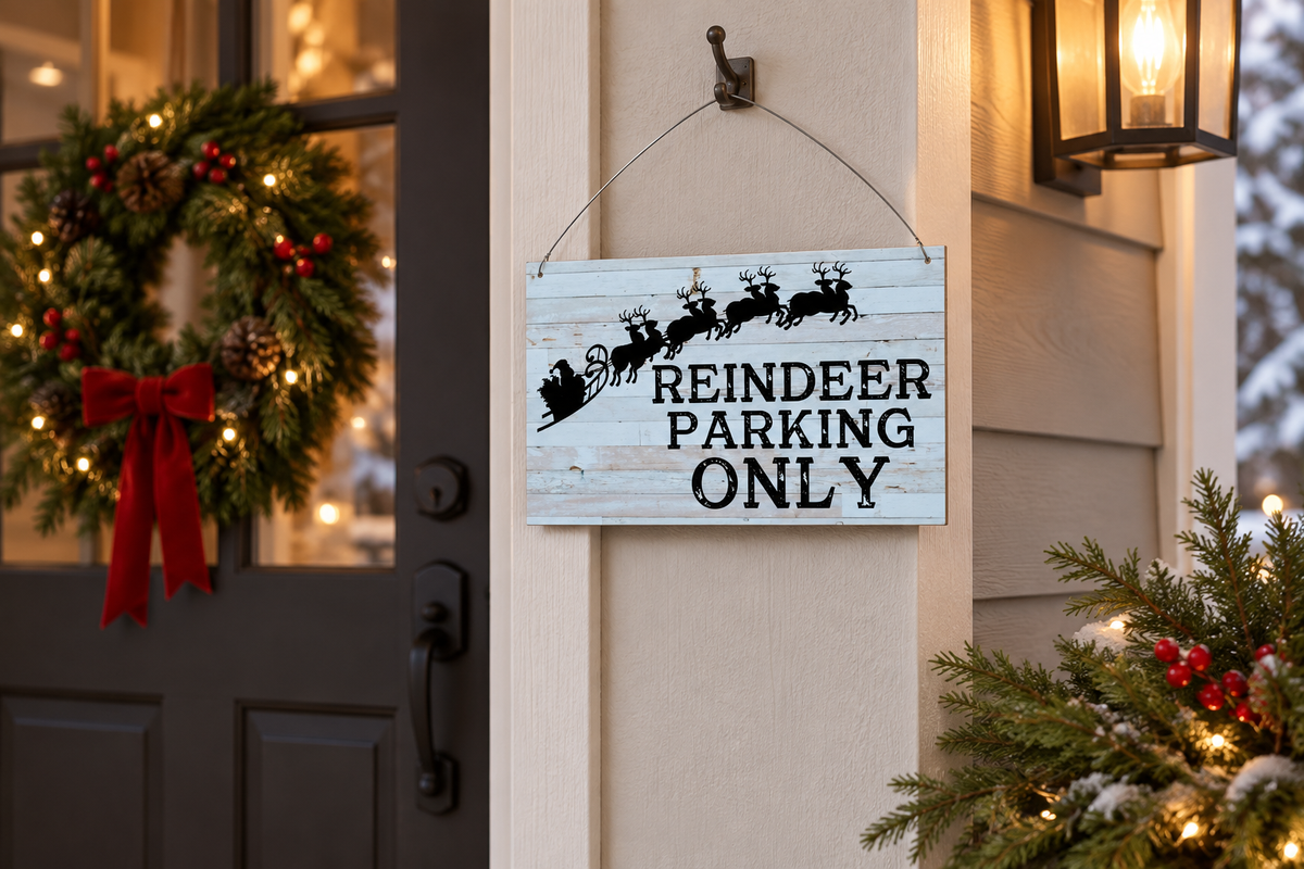 Reindeer Parking Only hanging sign at a Christmas entryway