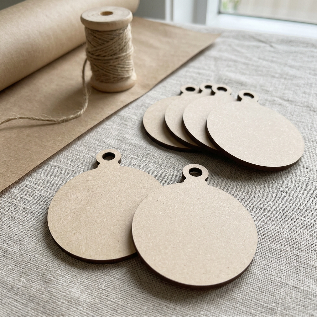 Replacement MDF bauble image on a simple gift-wrapping table