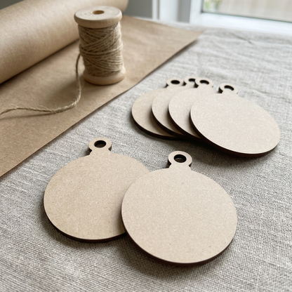 Replacement MDF bauble image on a simple gift-wrapping table