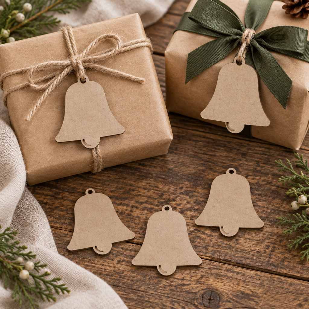 Replacement rustic Christmas gift-wrapping preview with MDF bell tags