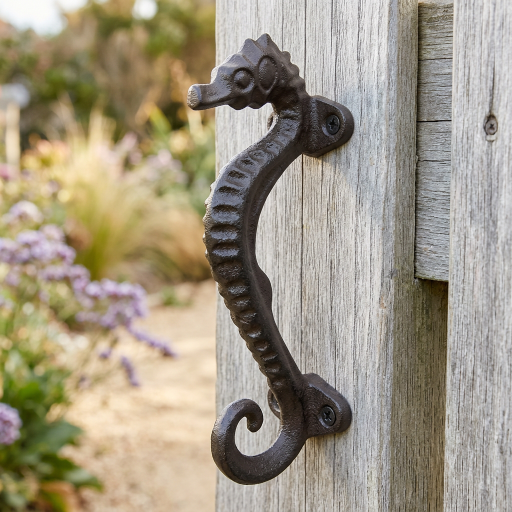 Revised outdoor preview of the seahorse handle mounted on a weathered coastal garden gate