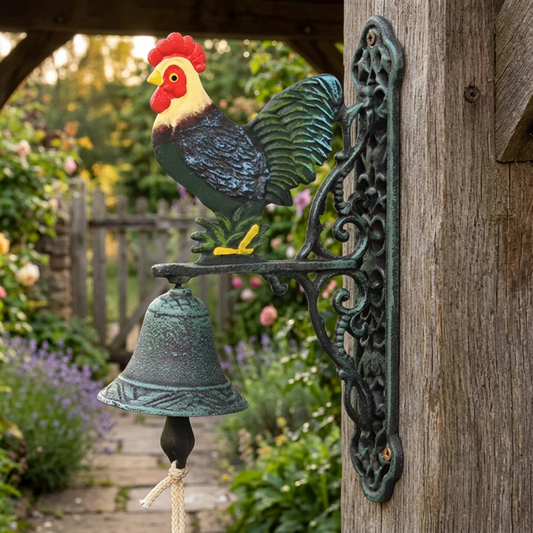 Rooster cast iron doorbell at a rural garden entrance