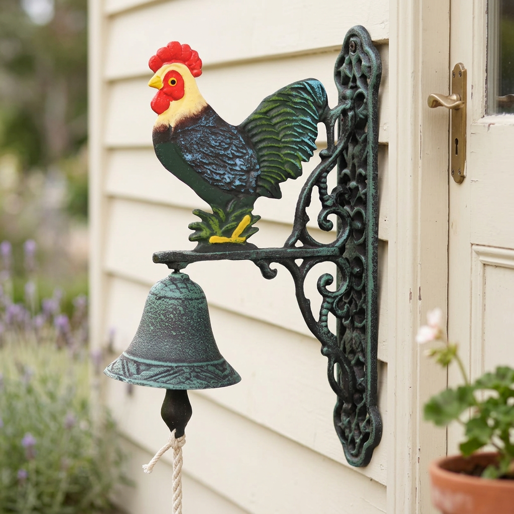 Rooster cast iron doorbell beside a cottage doorway