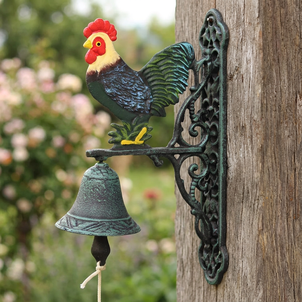 Rooster cast iron doorbell on a farmhouse porch