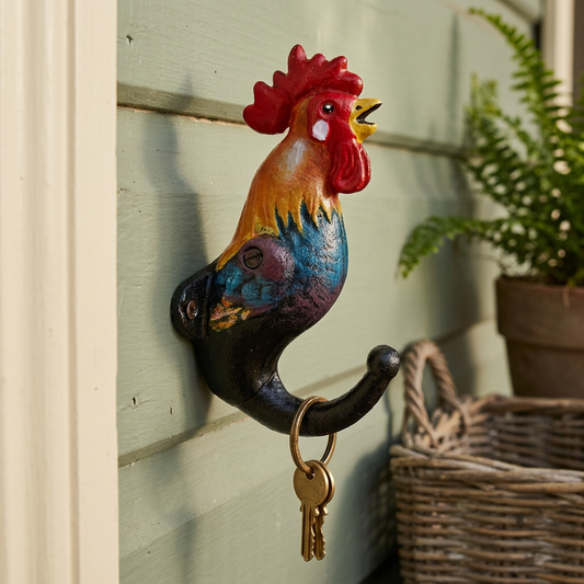 Rooster cast iron hook on sage-green cottage timber with keys for scale