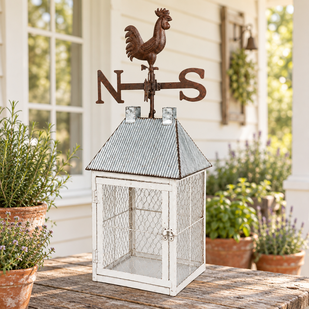 Rooster lantern cage on a farmhouse porch