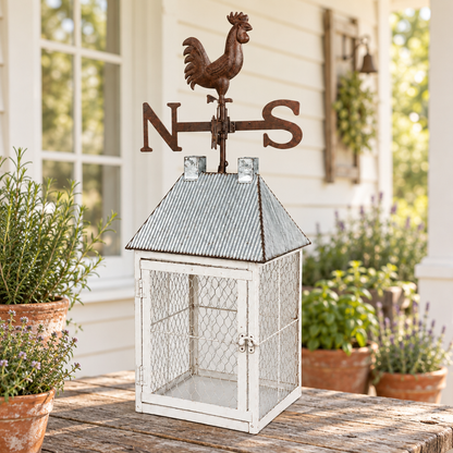 Rooster lantern cage on a farmhouse porch