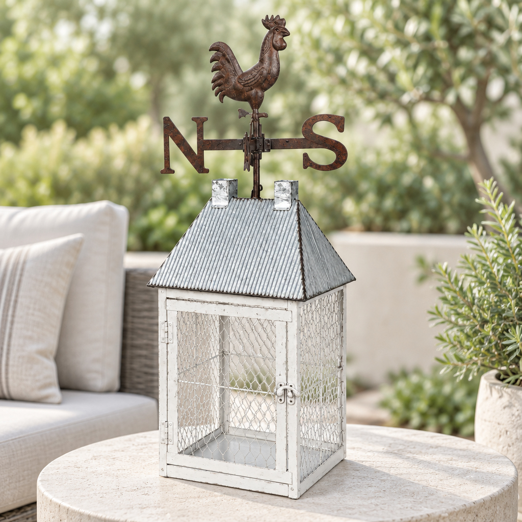 Rooster lantern cage on a modern patio