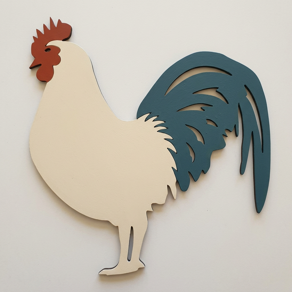 Rooster painted cream, rust red and teal