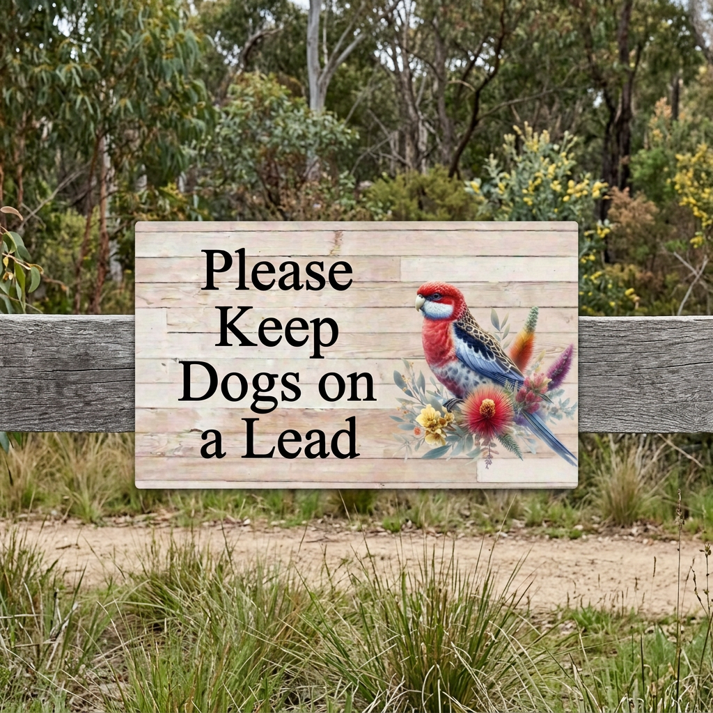 Rosella dogs-on-lead sign at a farm-stay path entrance