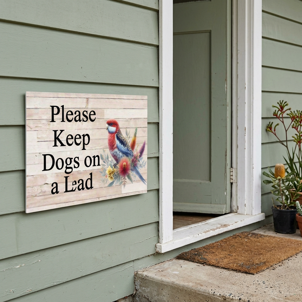 Rosella dogs-on-lead sign beside a cottage guest entrance