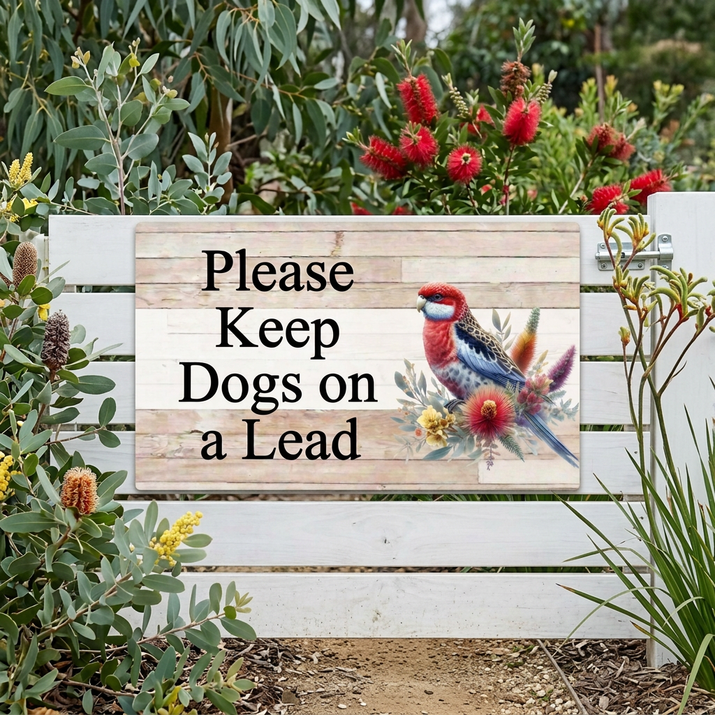 Rosella dogs-on-lead sign on a white garden gate