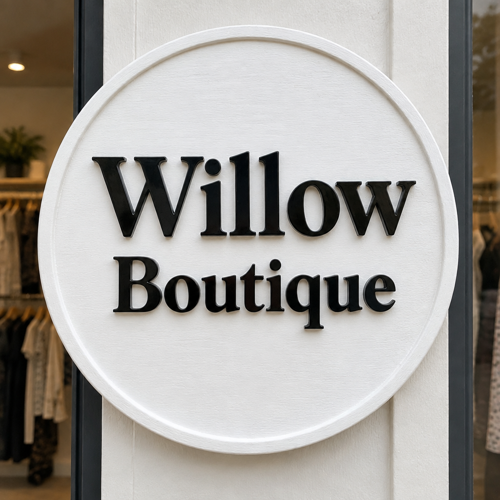 Round boutique sign at a shop entrance