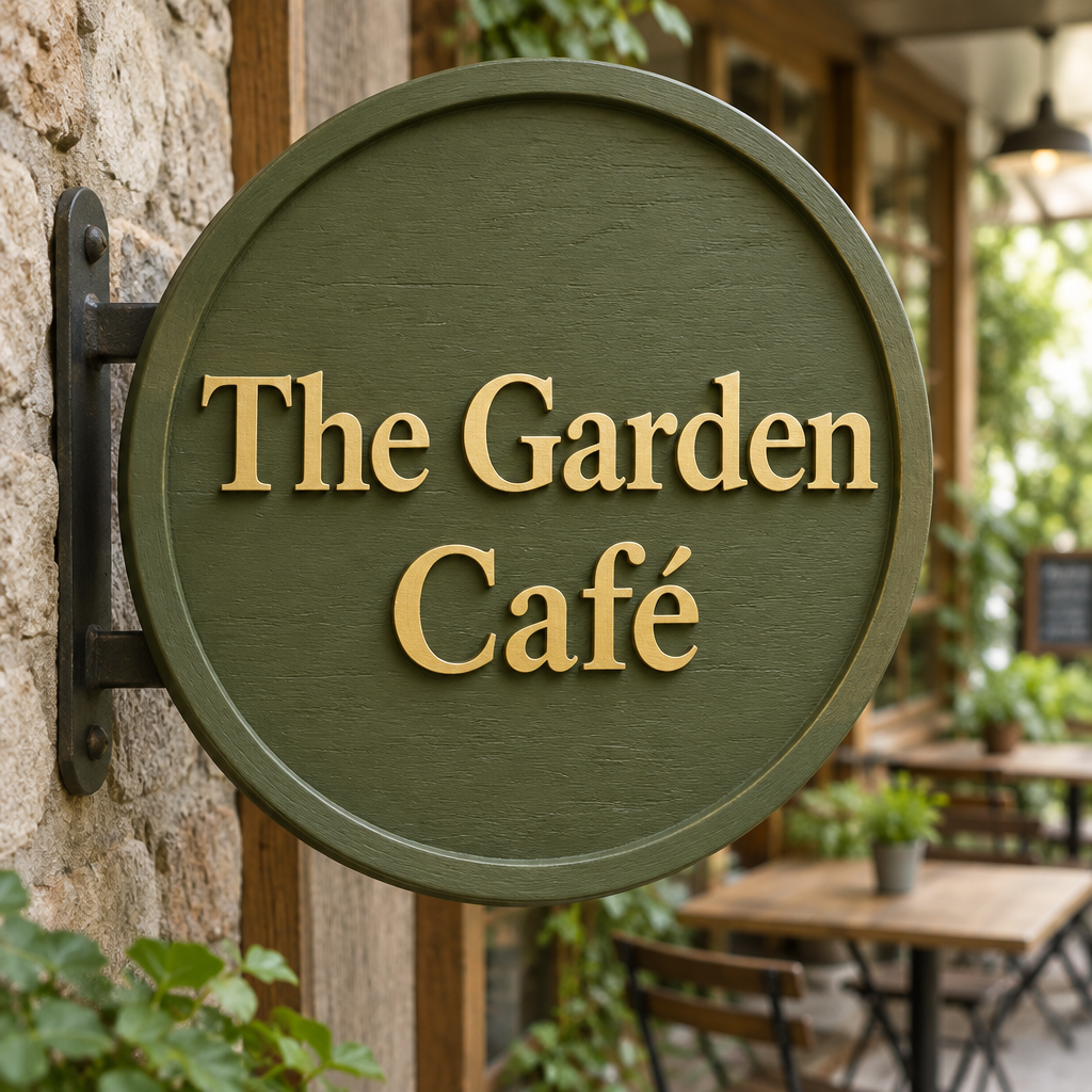 Round café sign in a rustic entrance setting