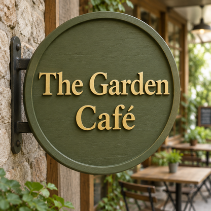 Round café sign in a rustic entrance setting