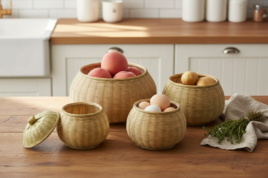 Round Lidded Rattan Baskets — Farmhouse Kitchen Lifestyle