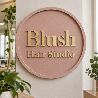 Round salon sign in a reception setting