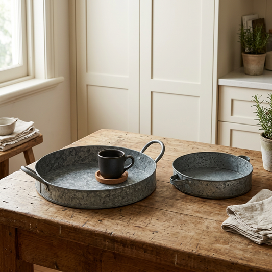 Round trays in a farmhouse coffee nook